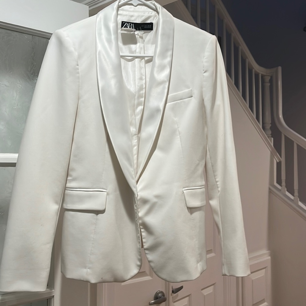White blazer with tuxedo satin trim
